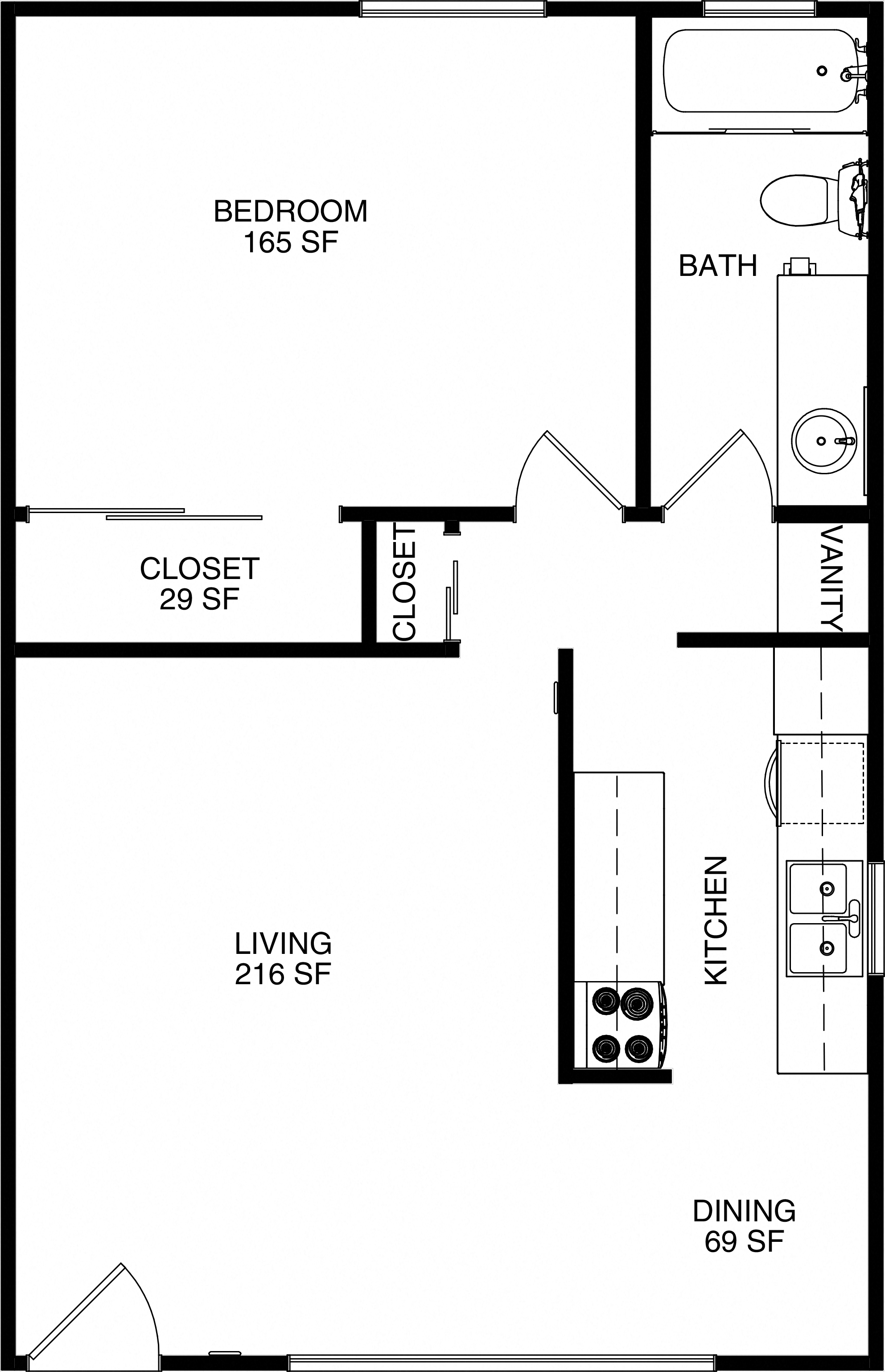 Floor plan for 1 bed, 1 bath, 714 sqft